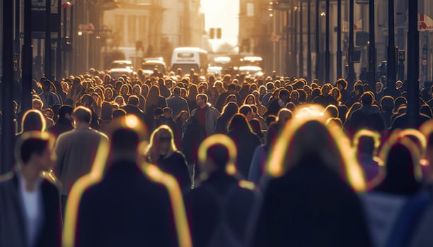 Crowd of people walking busy city street backlit. Generative AI photo