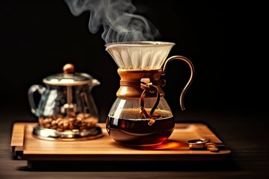 An alternative coffee brewing method is pure over, a glass teapot on a wooden tray. Generative AI photo