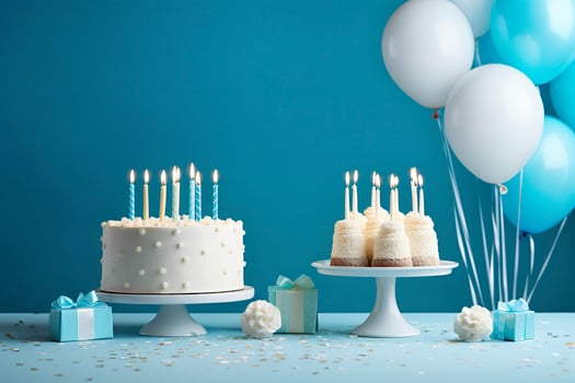Birthday cake with candles and sweets on white table near blue wall. Generative AI photo