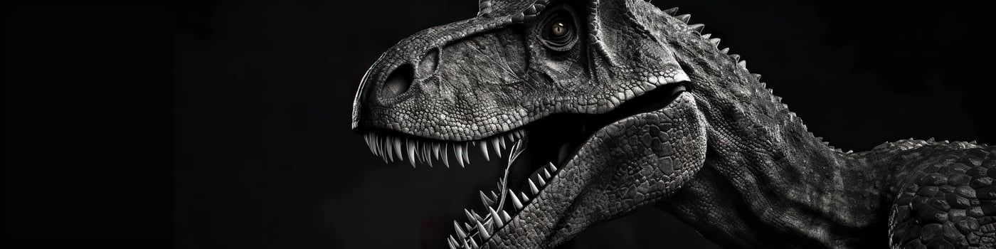 Black and white photorealistic studio portrait of a Tyrannosaurus Rex on black background. Generative AI photo