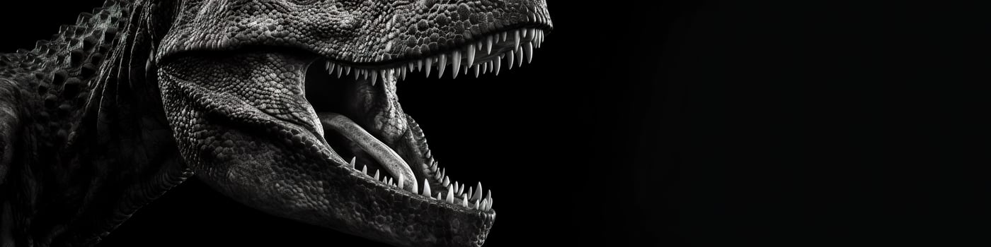 Black and white photorealistic studio portrait of a Tyrannosaurus Rex on black background. Generative AI photo