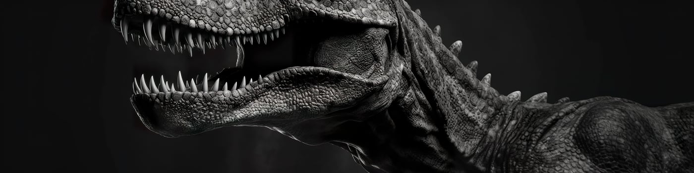 Black and white photorealistic studio portrait of a Tyrannosaurus Rex on black background. Generative AI photo