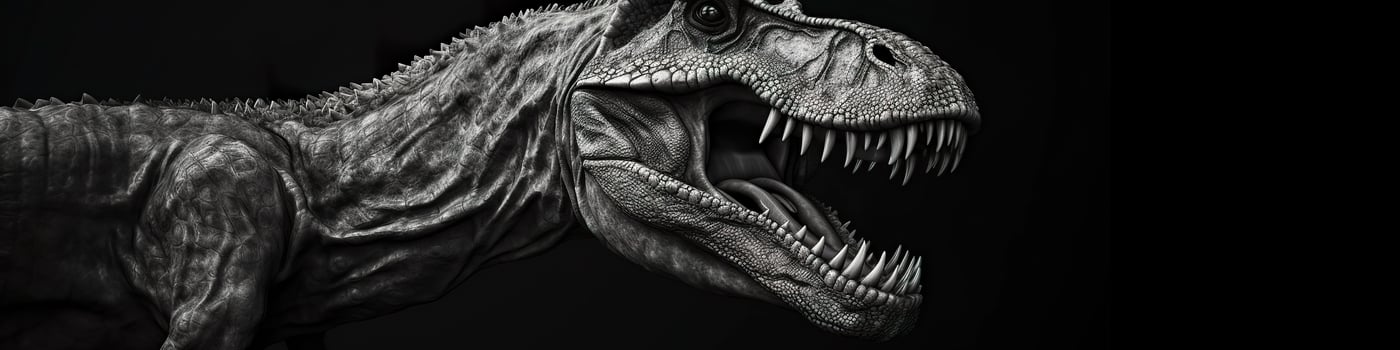 Black and white photorealistic studio portrait of a Tyrannosaurus Rex on black background. Generative AI photo
