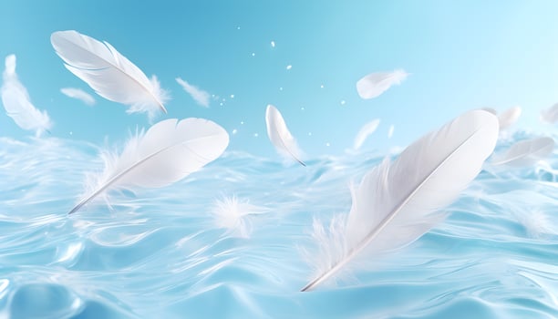 Abstract white feathers falling in blue sky. Beautiful Soft and Light White Fluffy Feathers Floating. Abstract. Light of white feather floating. Generated AI illustration photo