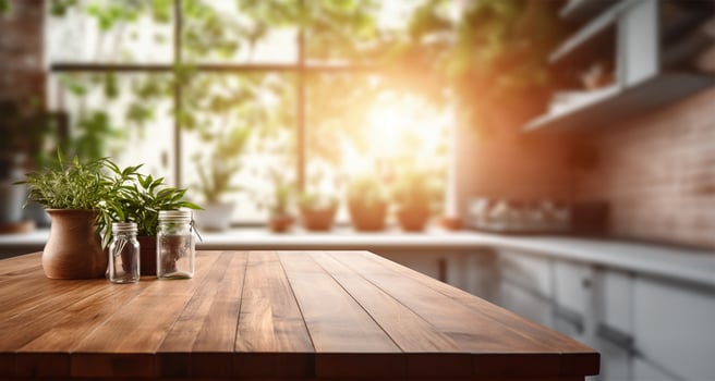 empty wooden table top with a blurred background of a kitchen setting. AI Generated photo