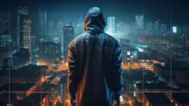 Hacker computer cybercriminal criminal with a jacket and a hood on the background of a big city at night. Concept computer data security. AI generated photo