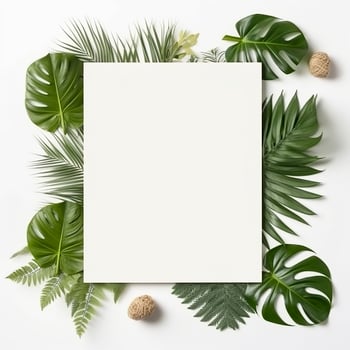 Frame with leaves.  Summer tropical leaves and blank frame with copy space on white background. Generative AI photo