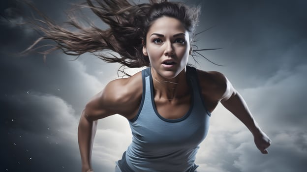 Active female athlete running mid air in a vigorous training session. photo