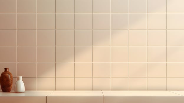 Cream light ceramic wall chequered and floor tiles mosaic background.  AI Generated photo