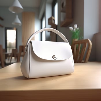 AI generative White woman bag on the wooden table, perfect to create mockup preview photo