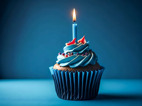 Birthday Background with Pink Birthday Cupcake and Candle, Birthday Gift and Party Hat, Copy Space Generative AI photo