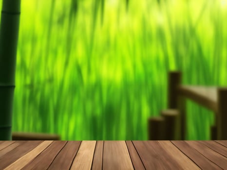 Wooden table on bamboo plant background ai generated photo