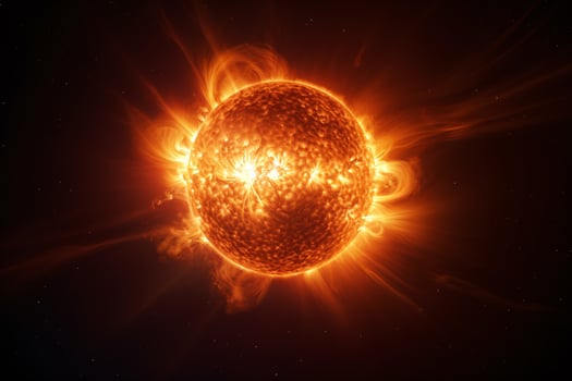 Hyper-realistic image of the sun's surface showcasing the raw power of erupting solar flares AI Generative photo
