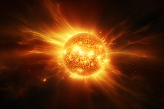 Hyper-realistic image of the sun's surface showcasing the raw power of erupting solar flares AI Generative photo