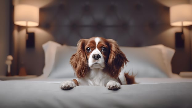 cavalier dog lying on bed in hotel with contemporary interior design. Generative AI photo