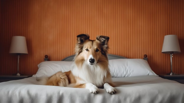 Rough collie dog lying on bed in hotel with contemporary interior design. Generative AI photo
