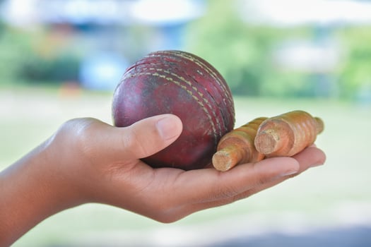 Old leather cricket ball holding in hand of student in front of school cricket court, soft and selective focus on ball, traditional sport and cricket sport lover around the world concept. photo