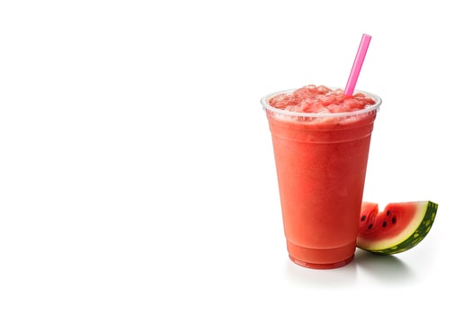 watermelon smoothie in take away cup with watermelon sliced isolated on white background with copy space. ai generated photo