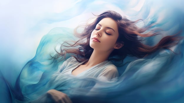 Illustration of woman sleeping and dreaming. Psychic girl considers mind and heart, spirituality, esotericism. Psychic waves concept, Generative AI illustration photo