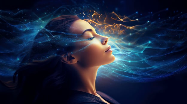Illustration of woman sleeping and dreaming. Psychic girl considers mind and heart, spirituality, esotericism. Psychic waves concept, Generative AI illustration photo