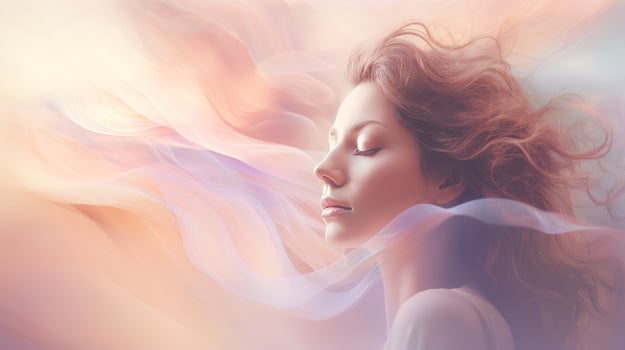 Illustration of woman sleeping and dreaming. Psychic girl considers mind and heart, spirituality, esotericism. Psychic waves concept, Generative AI illustration photo