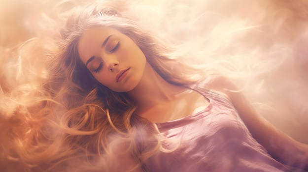 Illustration of woman sleeping and dreaming. Psychic girl considers mind and heart, spirituality, esotericism. Psychic waves concept, Generative AI illustration photo