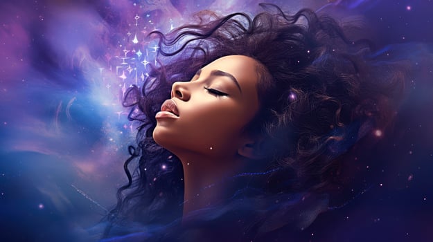 Illustration of woman sleeping and dreaming. Psychic girl considers mind and heart, spirituality, esotericism. Psychic waves concept, Generative AI illustration photo