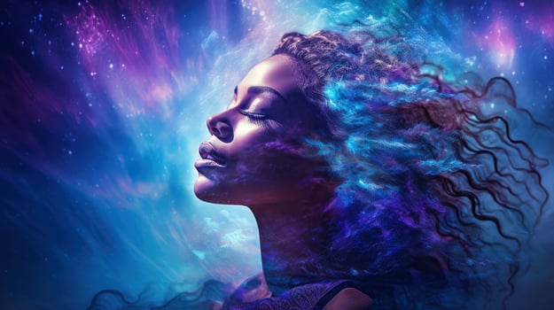 Illustration of woman sleeping and dreaming. Psychic girl considers mind and heart, spirituality, esotericism. Psychic waves concept, Generative AI illustration photo