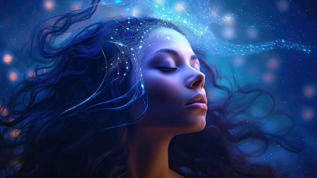 Illustration of woman sleeping and dreaming. Psychic girl considers mind and heart, spirituality, esotericism. Psychic waves concept, Generative AI illustration photo