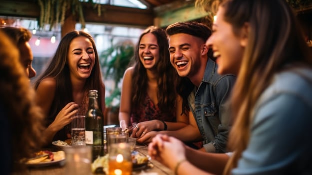 A group of friends laughing as they tell stories, mental health images, photorealistic illustration photo