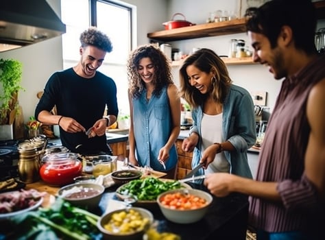 A group of friends cooking dinner together in the kitchen, mental health images, photorealistic illustration photo