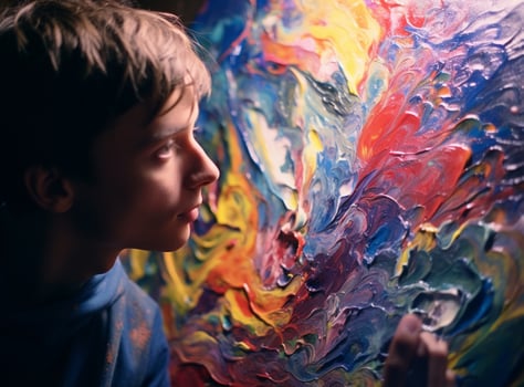 A close-up portrait of a person painting in a dark room, mental health images, photorealistic illustration photo