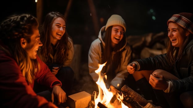 A group of friends laughing and talking around a campfire, mental health images, photorealistic illustration photo