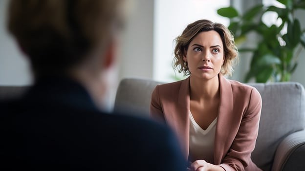 A person sitting in a therapists office, mental health images, photorealistic illustration photo