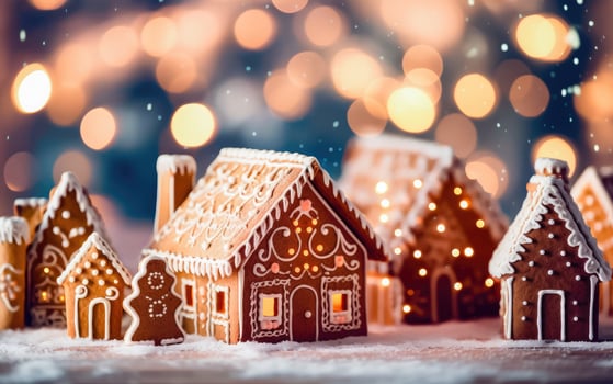 Delightful Christmas Gingerbread Houses on Blurred Festive Background - Generative AI photo