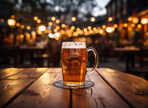 Mug of beer on a wooden table in a pub with bokeh AI Generated photo