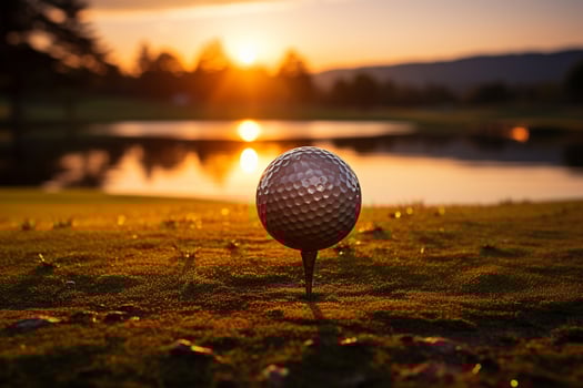 Dazzling sunset, golf club, and ball on course AI Generated photo