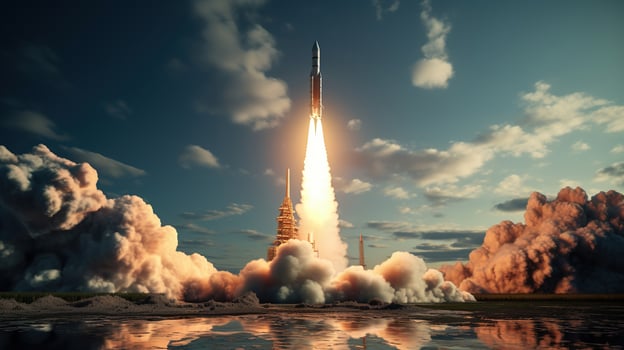 Ballistic Missile Takes Off from Ocean or Sea Launch pad or military ship. Generative AI photo