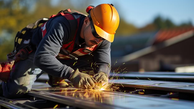 Electric drill used on new roofs with metal sheet. Construction worker install new roof. Generative AI photo