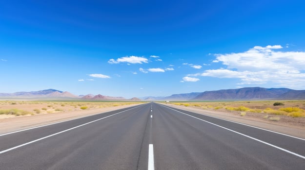 Illustration image of landscape with country road, empty asphalt road on blue cloudy sky background. Multicolor vibrant outdoors horizontal image, Generative AI illustration photo
