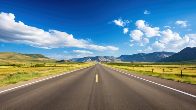 Illustration image of landscape with country road, empty asphalt road on blue cloudy sky background. Multicolor vibrant outdoors horizontal image, Generative AI illustration photo