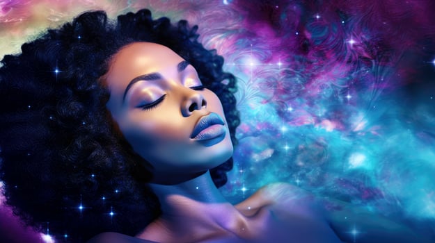 Illustration of woman sleeping and dreaming. Psychic girl considers mind and heart, spirituality, esotericism. Psychic waves concept, Generative AI illustration photo