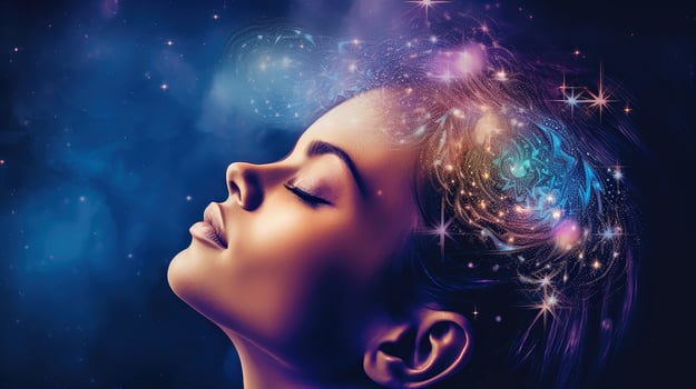 Illustration of woman sleeping and dreaming. Psychic girl considers mind and heart, spirituality, esotericism. Psychic waves concept, Generative AI illustration photo