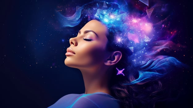 Illustration of woman sleeping and dreaming. Psychic girl considers mind and heart, spirituality, esotericism. Psychic waves concept, Generative AI illustration photo