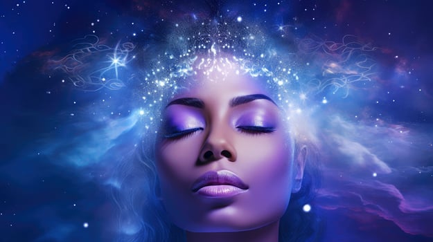 Illustration of woman sleeping and dreaming. Psychic girl considers mind and heart, spirituality, esotericism. Psychic waves concept, Generative AI illustration photo