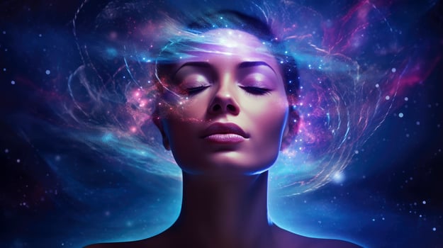 Illustration of woman sleeping and dreaming. Psychic girl considers mind and heart, spirituality, esotericism. Psychic waves concept, Generative AI illustration photo