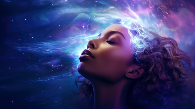 Illustration of woman sleeping and dreaming. Psychic girl considers mind and heart, spirituality, esotericism. Psychic waves concept, Generative AI illustration photo