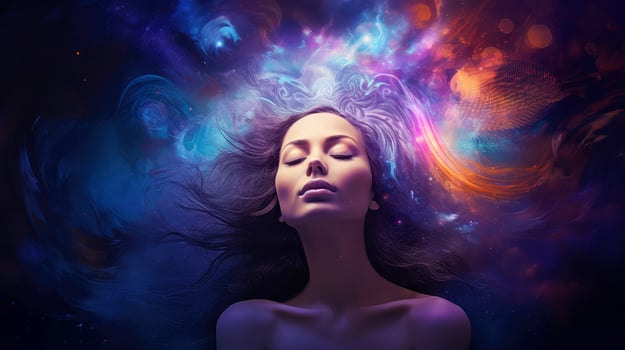 Illustration of woman sleeping and dreaming. Psychic girl considers mind and heart, spirituality, esotericism. Psychic waves concept, Generative AI illustration photo
