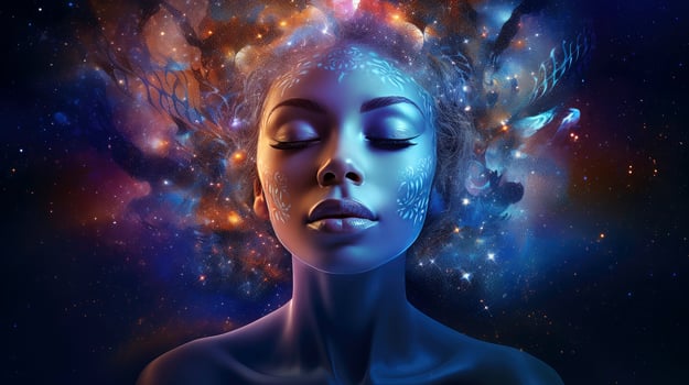 Illustration of woman sleeping and dreaming. Psychic girl considers mind and heart, spirituality, esotericism. Psychic waves concept, Generative AI illustration photo