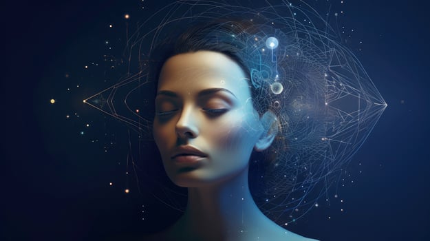 Illustration of woman sleeping and dreaming. Psychic girl considers mind and heart, spirituality, esotericism. Psychic waves concept, Generative AI illustration photo